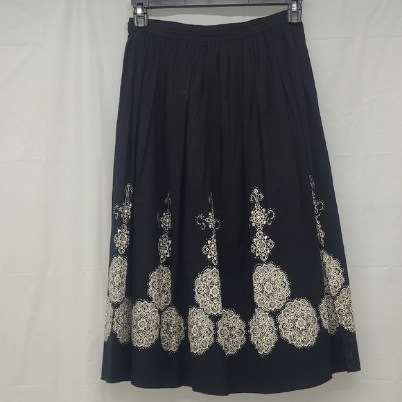 A-Line Skirt Calf Length Black Cream Mandella Print Boho Elastic Waist Pull On - Picture 4 of 9
